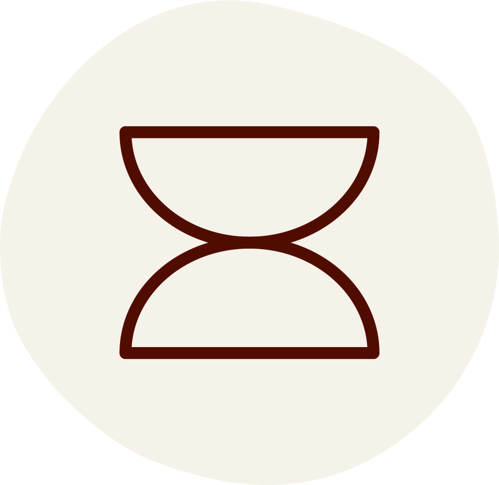 Minimalist hour glass icon in dark brown on light beige circular background