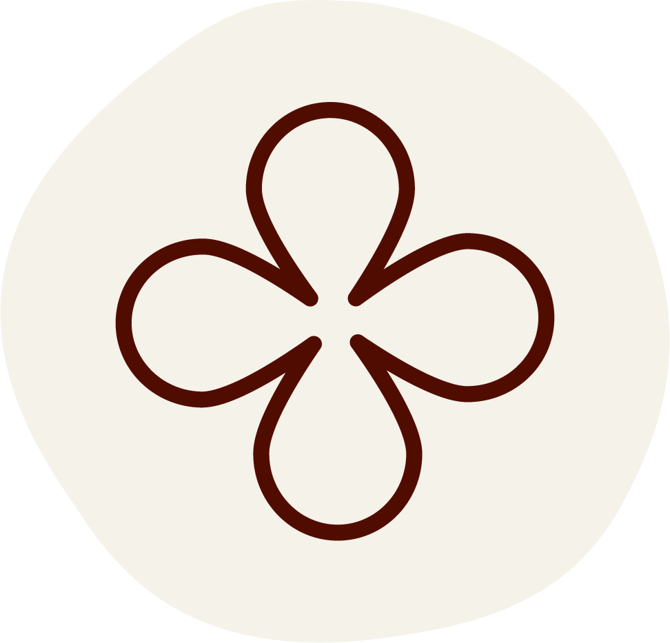 Minimalist clover shaped icon in dark brown on light beige circular background