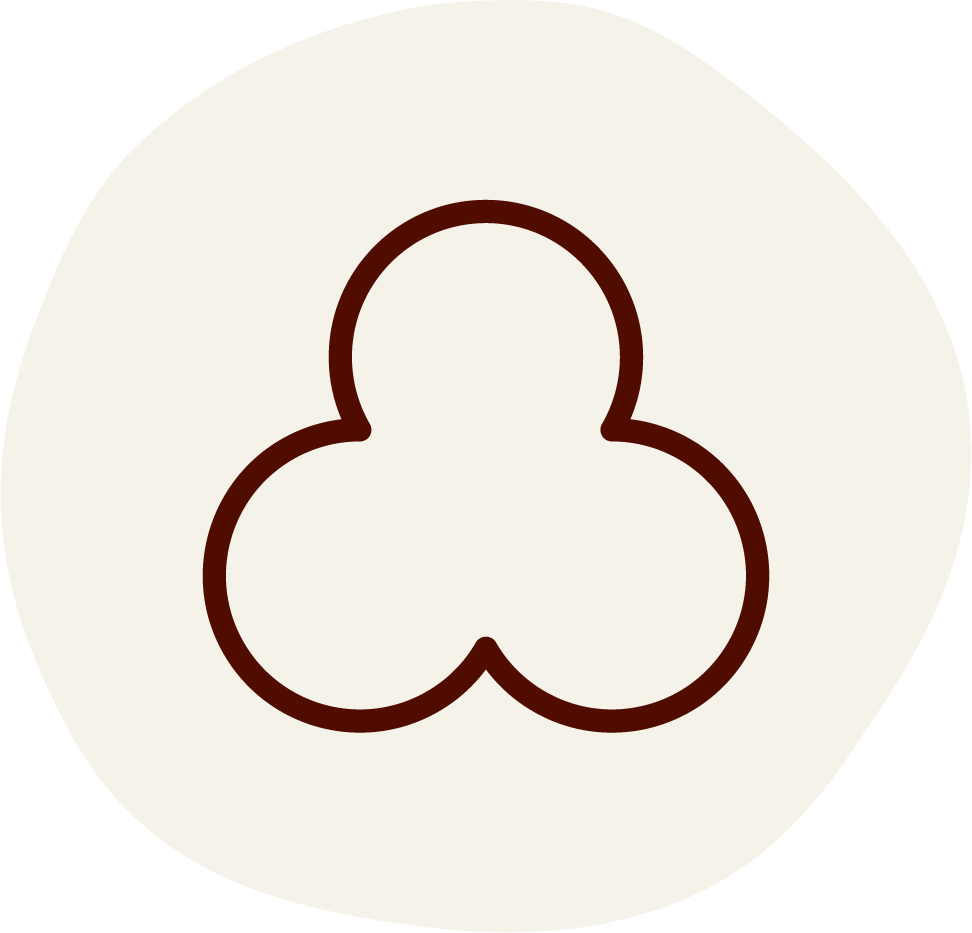 Minimalist trefoil icon in dark brown on light beige circular background