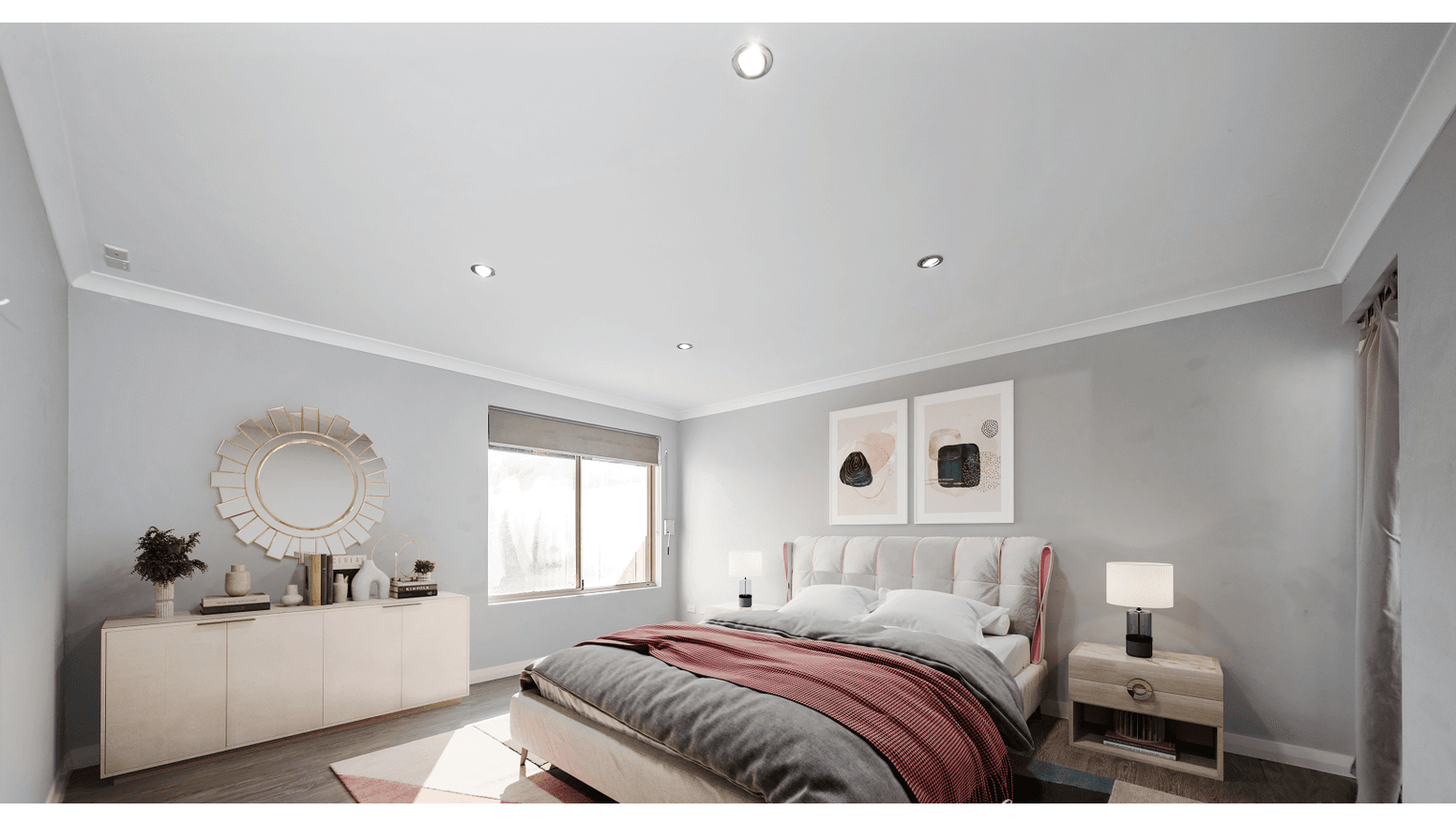 Modern, accessible first bedroom in a Supported Independent Living (SIL) Home in Morley, Australia, featuring light wood flooring, neutral tones, and ample natural light, part of Australia’s leading disability accommodation provider.