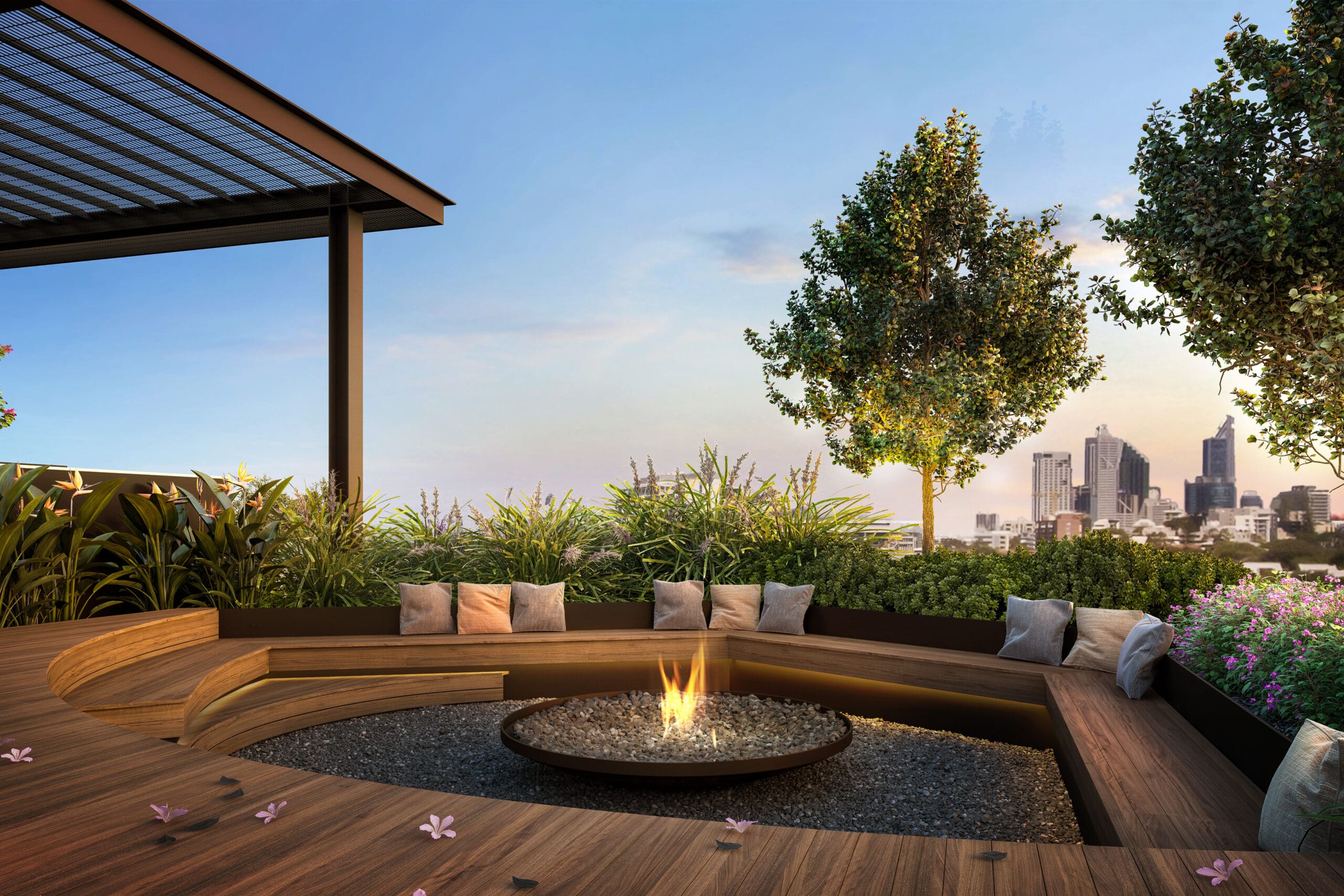 Outdoor fireplace overlooking Perth CBD