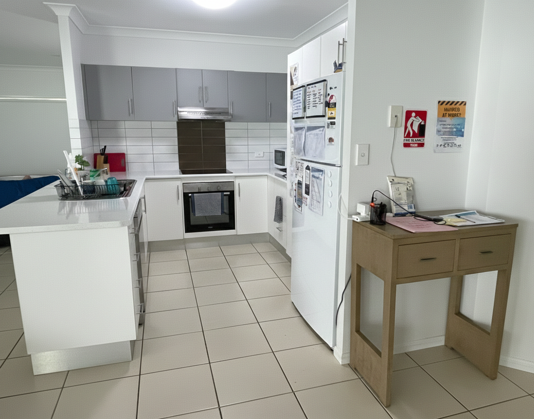 Kitchen in Spacious SIL home in leafy 23 Norfolk Circuit, Redlynch featuring accessible layout, integrated appliances, and safety signage, part of Australia’s leading disability accommodation provider.