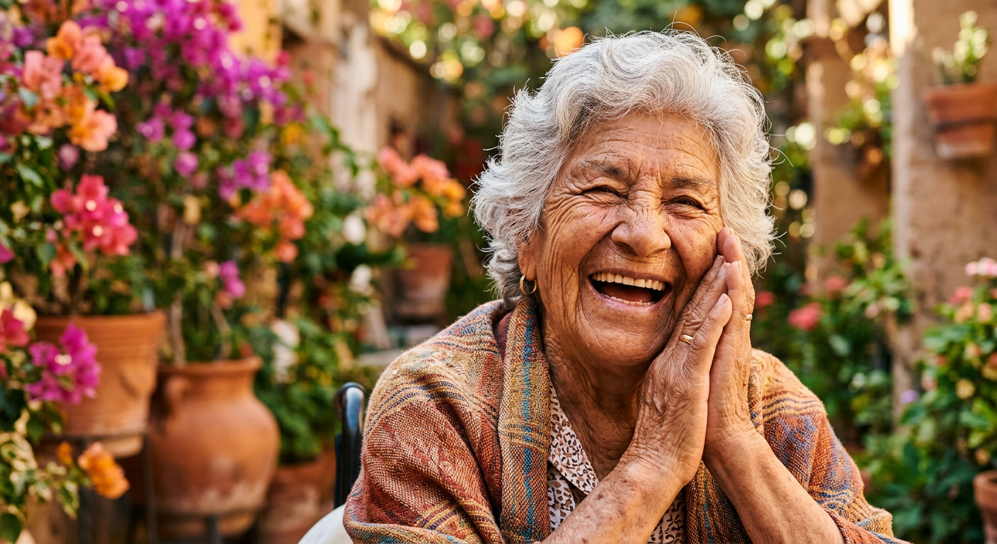 Aged woman in home garden