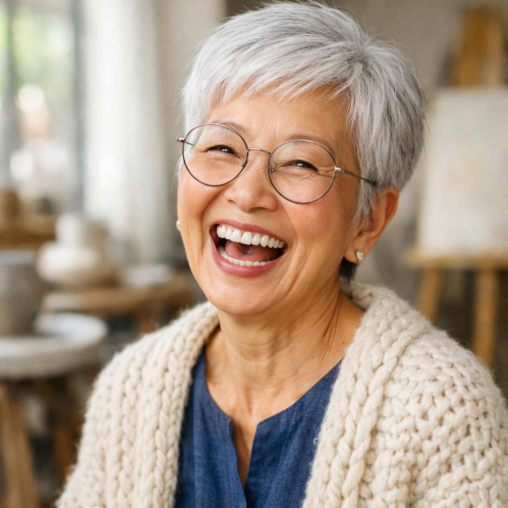 Smiling woman with short grey hair and glasses in a warm indoor setting, part of Kanda, Australia’s leading disability accommodation provider