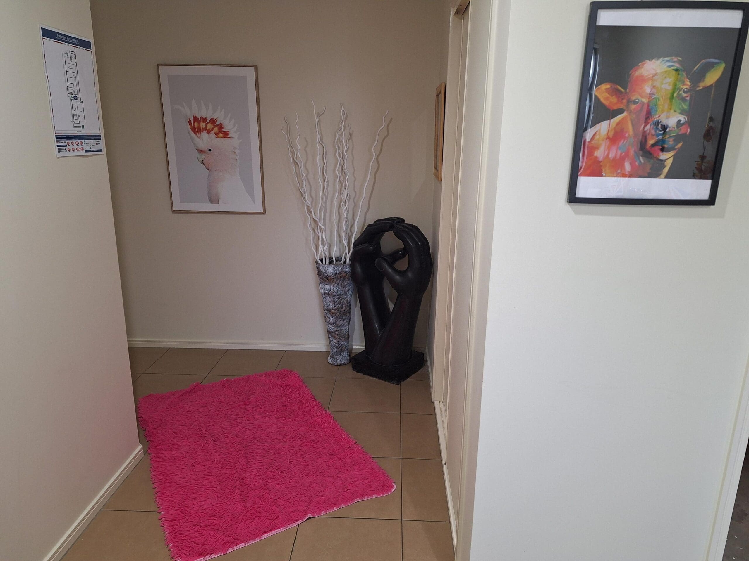 Hallway in welcoming and cosy SIL in Brassall, Ipswich, featuring pink rug, cockatoo art, and floor plan, part of Australia’s leading disability accommodation provider.