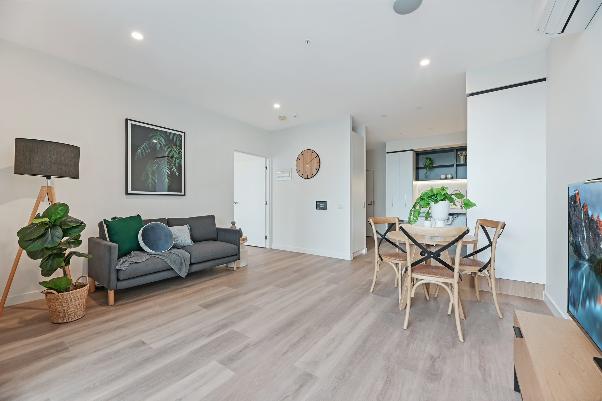 La Scala Avenue open living and dining area with sofa, TV, indoor plants, wall art and timber-look flooring by Australia's leading disability accommodation provider.