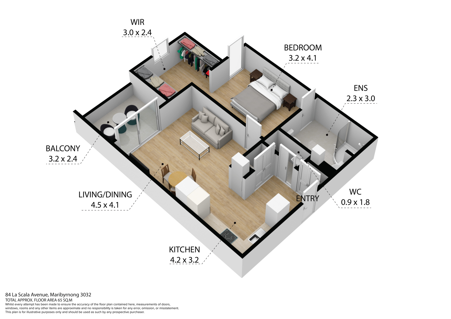 La Scala Avenue 3D floor plan with bedroom, ensuite, walk-in robe, kitchen, living and dining area, balcony, entry and WC by Australia's leading disability accommodation provider.